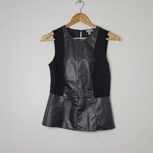 Tristan | Black Faux Leather Peplum Sleeveless Shirt Top Zipper Back Stretch S
